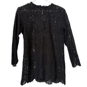 Zara Scalloped Trim Sheer Lace Unlined Quarter Sleeve Blouse Black Medium